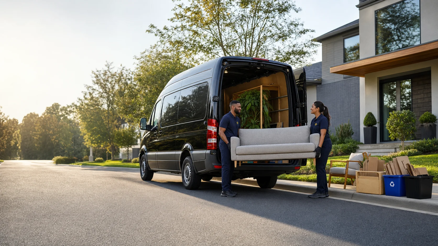 Illustrative service concept: a team handling a sofa beside a van